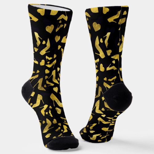 High Heels Gold shoe pattern on black Socks