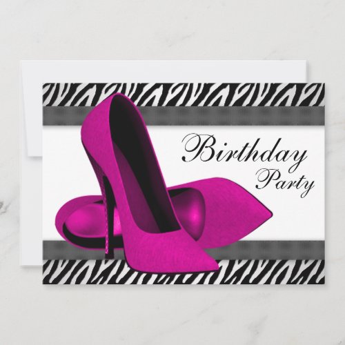 High Heels Hot Pink Zebra Birthday Party Invitation