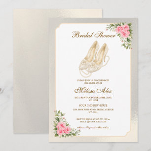 High Heels Ivory Pearls Pink Roses Bridal Shower Invitation