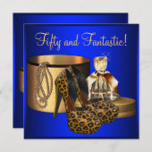 High Heels Leopard Blue Gold Womans 50th Birthday Invitation (Front/Back)