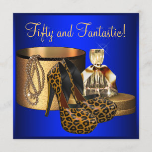 High Heels Leopard Blue Gold Womans 50th Birthday Invitation