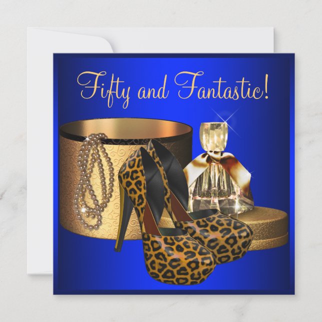 High Heels Leopard Blue Gold Womans 50th Birthday Invitation (Front)