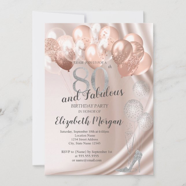 High Heels,Rose Gold Balloons 80th Birthday Invitation (Front)