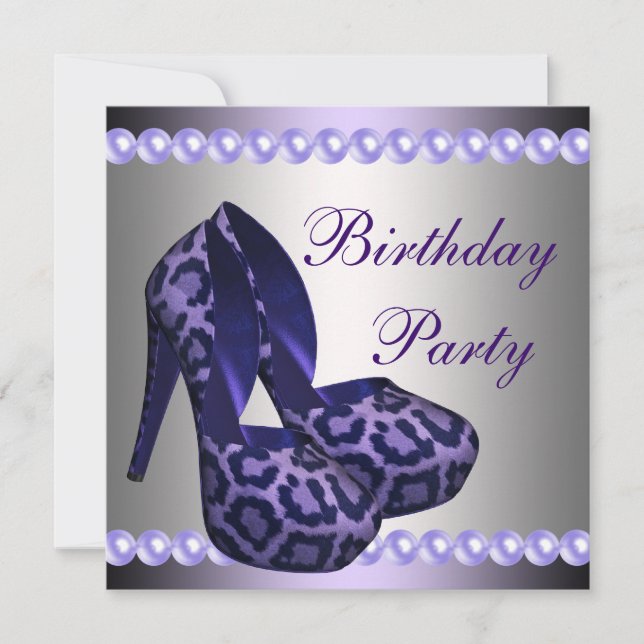 High Heels Shoes Purple Leopard Birthday Party Invitation (Front)