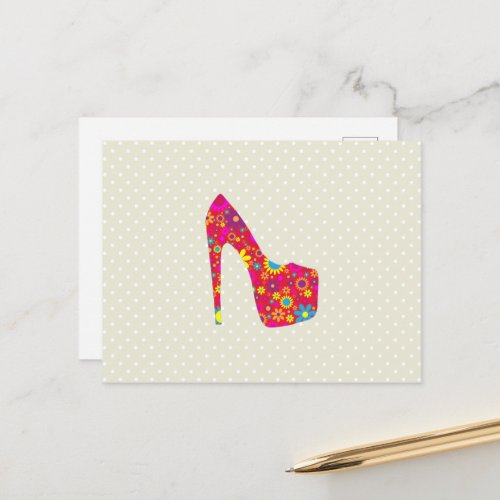 High Heels Stiletto Pumps Flowers Red Shoes Postcard