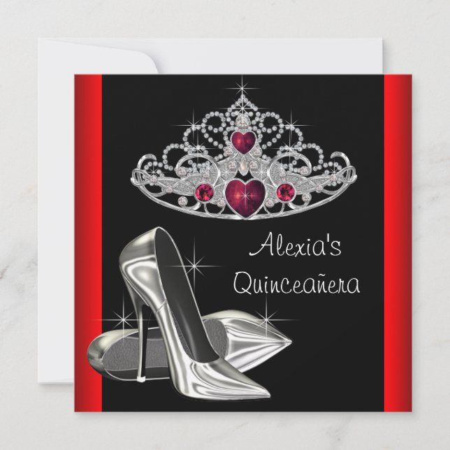 High Heels Tiara Red Black Quinceanea Invitation (Front)