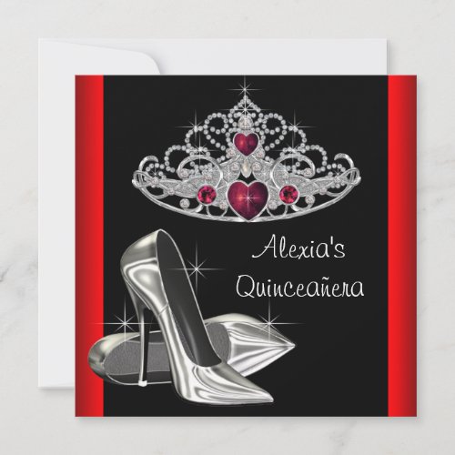 High Heels Tiara Red Black Quinceanea Invitation