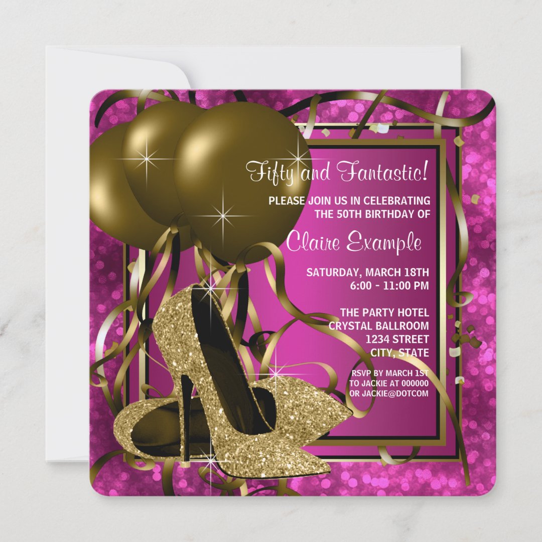 High Heels Womans Hot Pink and Gold Birthday Party Invitation | Zazzle