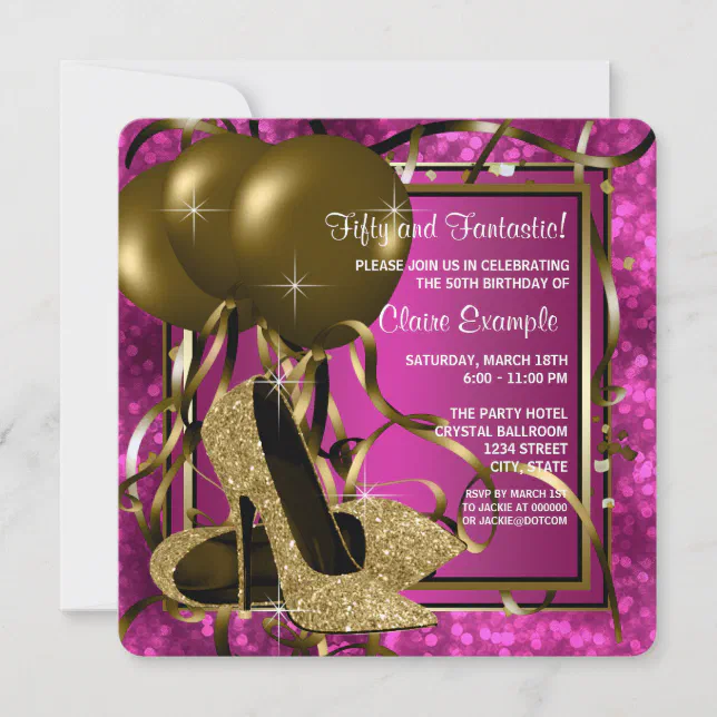 High Heels Womans Hot Pink And Gold Birthday Party Invitation 