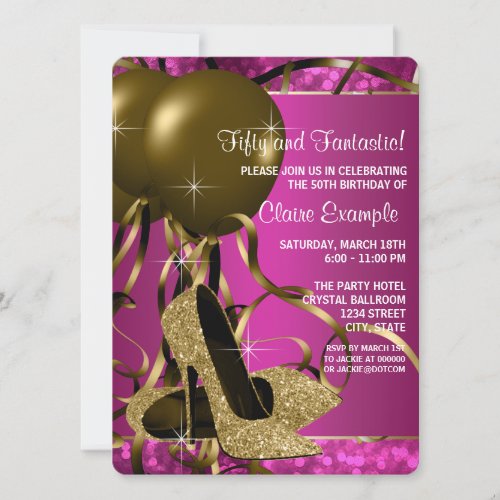 High Heels Womans Hot Pink and Gold Birthday Party Invitation
