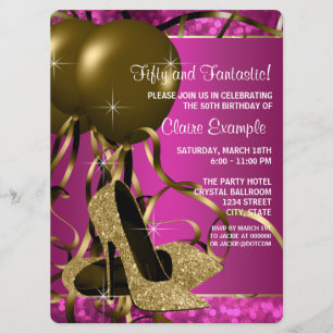 High Heels Womans Hot Pink and Gold Birthday Party Invitation