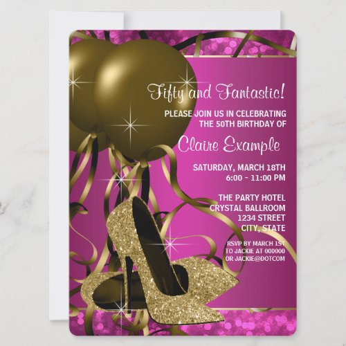 High Heels Womans Hot Pink and Gold Birthday Party Personalized Invites