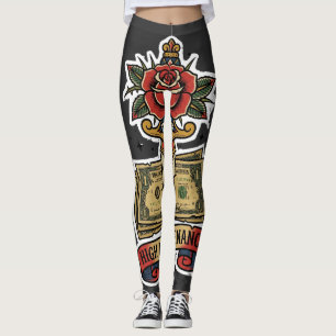  High Maintenance Money Dagger Rose Tattoo Flash B Leggings