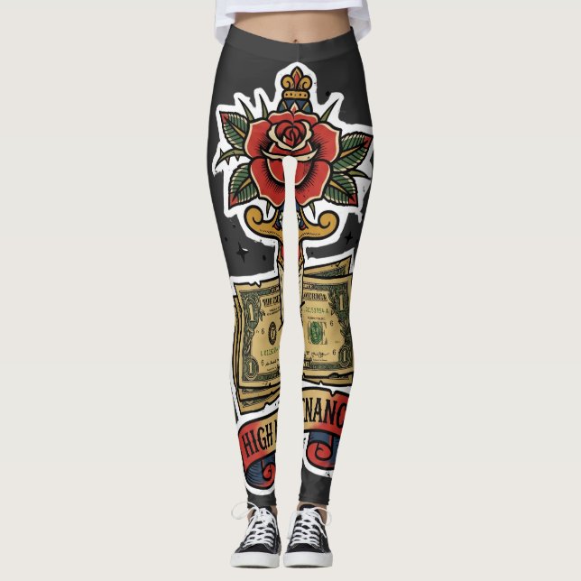  High Maintenance Money Dagger Rose Tattoo Flash B Leggings (Front)