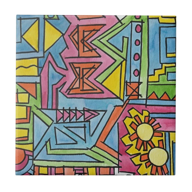 High Noon-Modern Geometric Watercolor Art Ceramic Tile (Front)