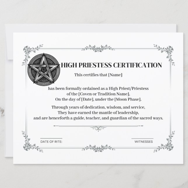 High Priestess Certification (Front)