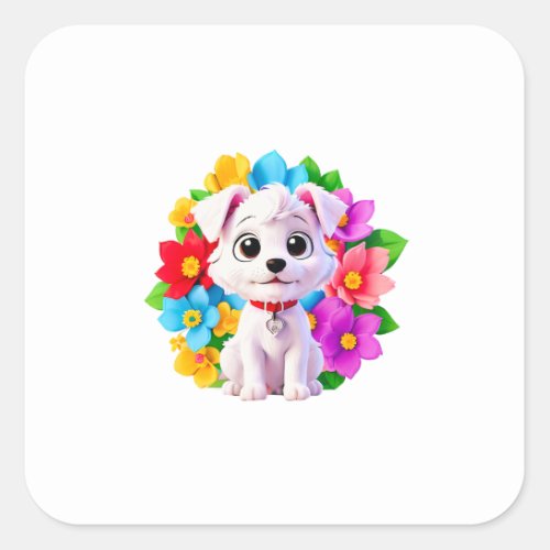 High Quality Cute Puppy with Flowers Square Sticker