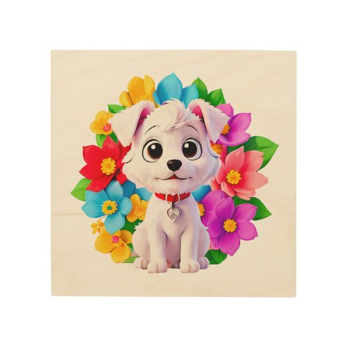 High Quality Cute Puppy with Flowers Wood Wall Art