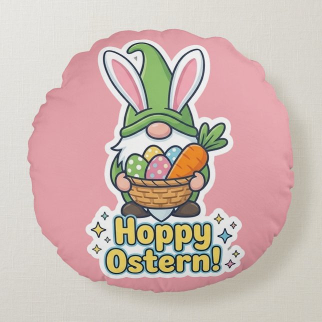 High-quality "Hoppy Easter" gnome illustration Round Pillow (Front)
