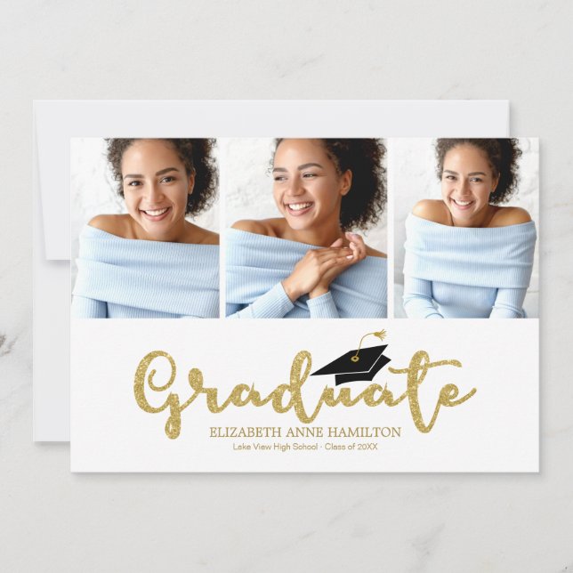 High School 3 Photo Gold Glitter Calligraphy Grad Announcement (Front)