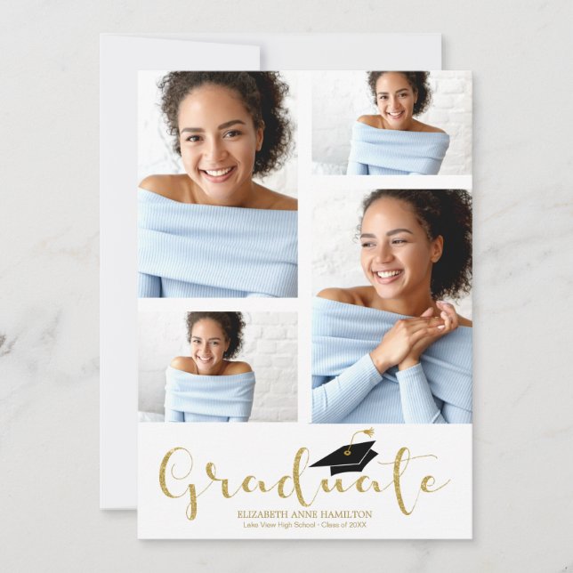 High School 4 Photo Gold Glitter Grad Announcement (Front)