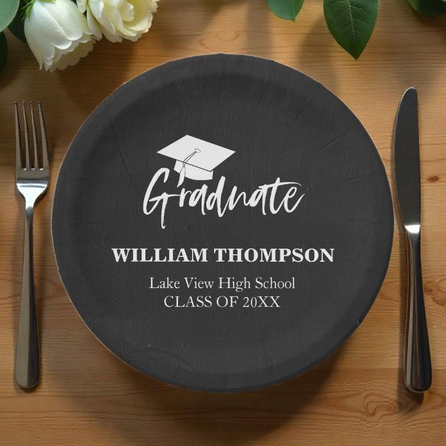 High School Chalk Black & White Grad Party Paper Plates (Creator Uploaded)