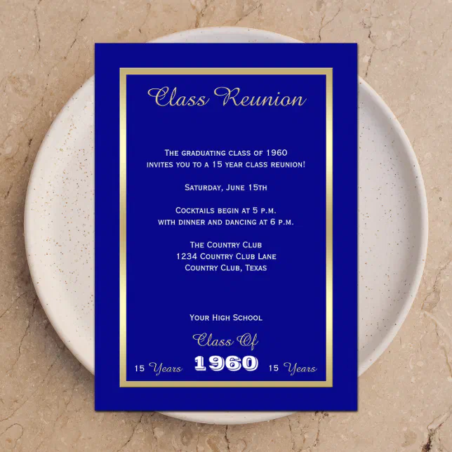 High School Class Reunion Classic Blue Gold Accent Invitation | Zazzle