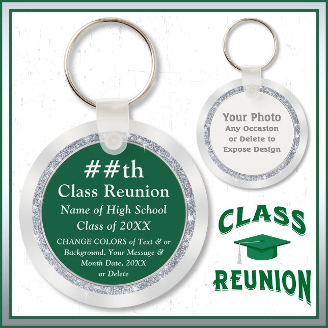 High School Favors Ideas. Green, White or CHANGE Keychain (Green and White, 35th class reunion ideas, class reunion favors cheap. Cheap reunion favors.)