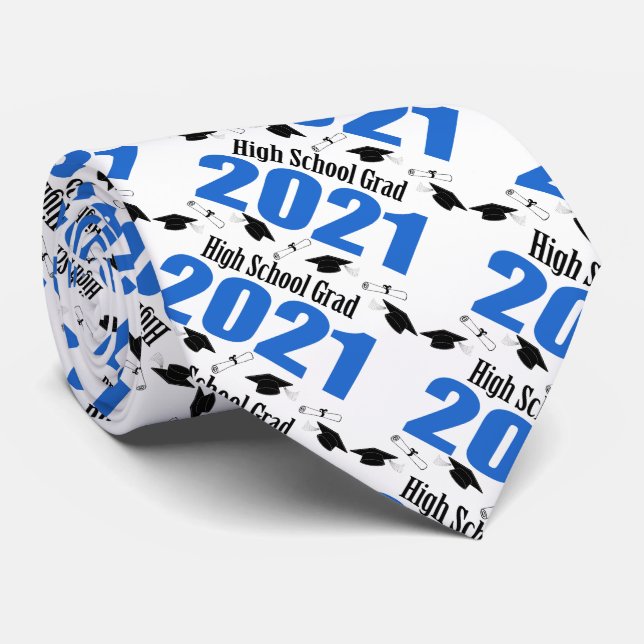 High School Grad 2021 Caps And Diplomas (Blue) Neck Tie (Rolled)