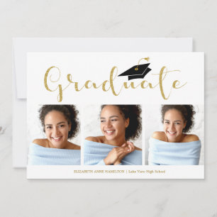 High School Grad 3 Photo Gold Glitter Calligraphy Announcement