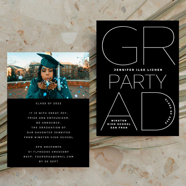 High School Grad Party Black White Modern Minimal Invitation (Creator Uploaded)