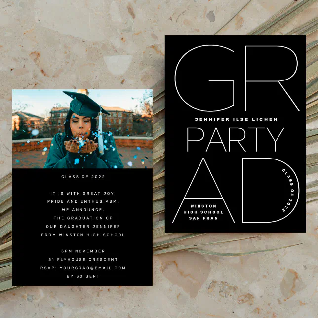 High School Grad Party Black White Modern Minimal Invitation | Zazzle