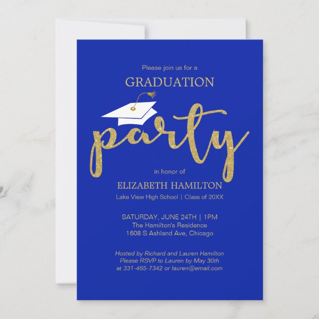 High School Grad Party Gold Blue Invitations (Front)
