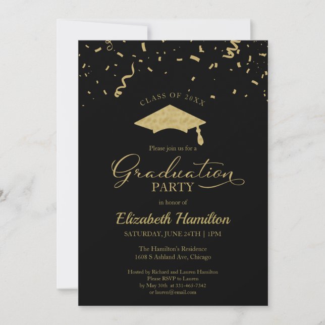 High School Grad Party Gold Confetti Black Invitation (Front)