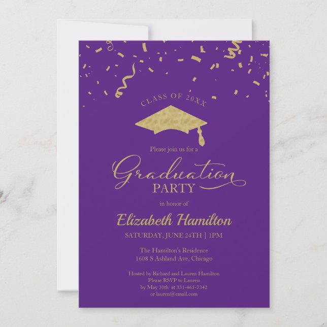 High School Grad Party Gold Confetti Purple Invitation (Front)