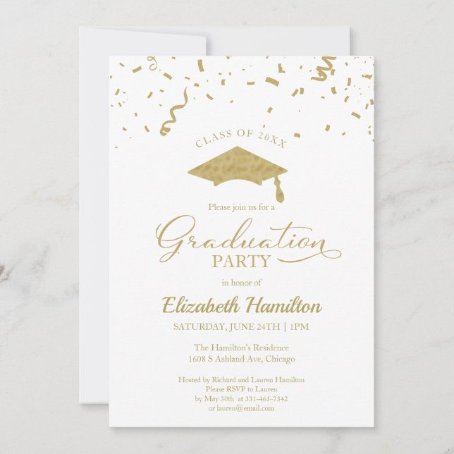 High School Grad Party Gold Confetti White Invitation (Front)