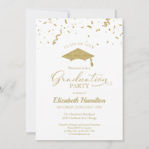 High School Grad Party Gold Confetti White Invitation