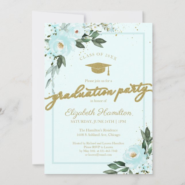 High School Grad Party Gold Teal Floral Invitation (Front)
