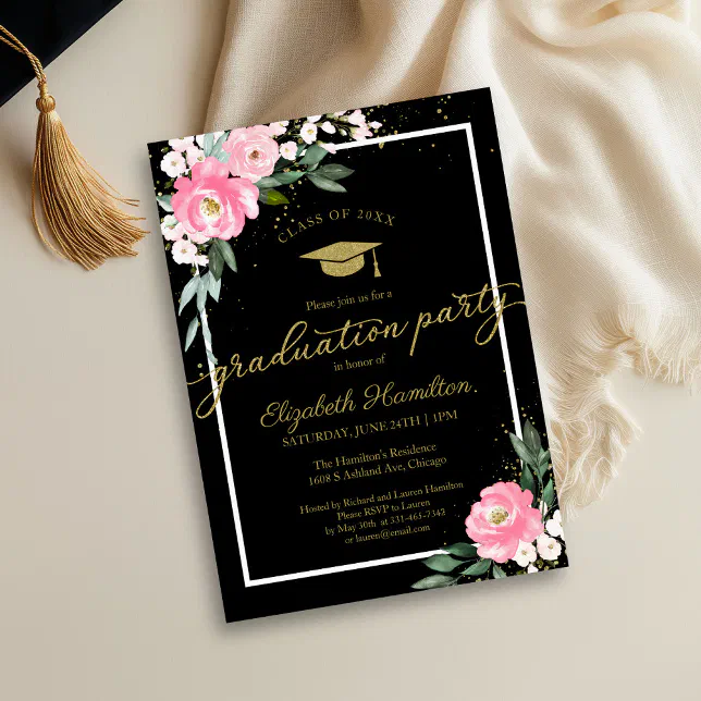 High School Grad Party Hot Pink Floral Black Invitation | Zazzle