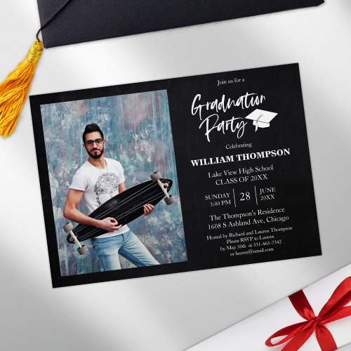 High School Grad Party Modern Chalk Black  White Invitation