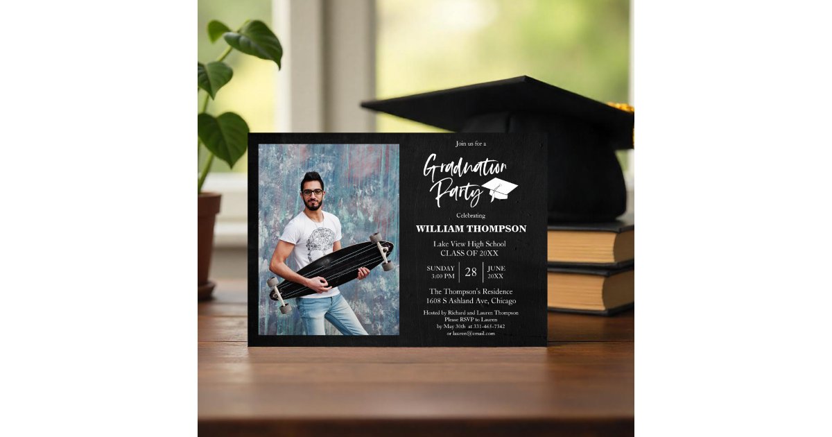 High School Grad Party Modern Chalk Black & White Invitation | Zazzle