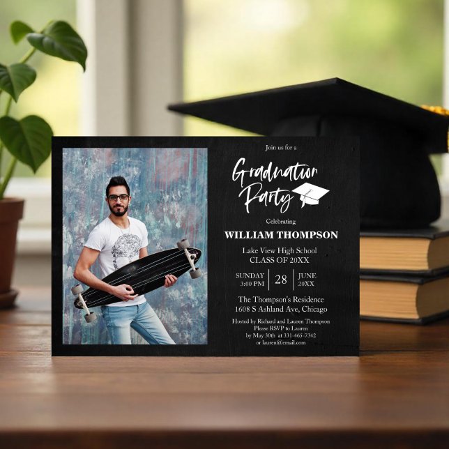 High School Grad Party Modern Chalk Black & White Invitation (Creator Uploaded)