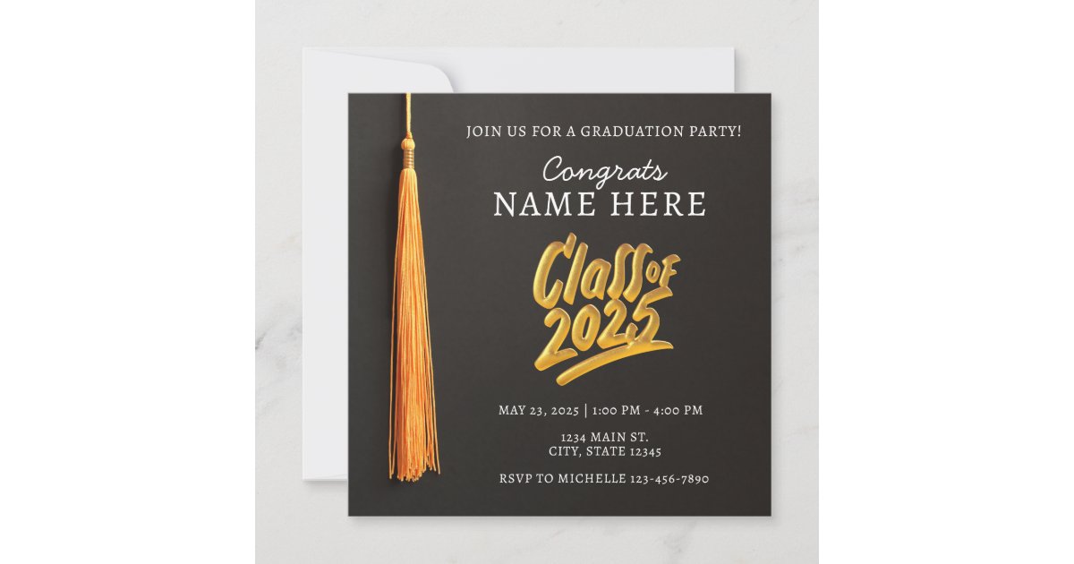 High School Graduation Cap Black Gold Class 2025 Invitation | Zazzle