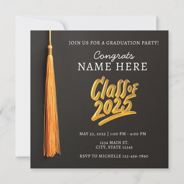 High School Graduation Cap Black Gold Class 2025  Invitation (Front)