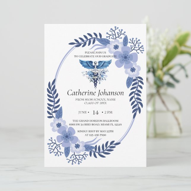 High School Graduation Invitation | Blue Floral Wr (Standing Front)