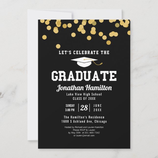 High School Graduation Party Black Gold Confetti Invitation (Front)