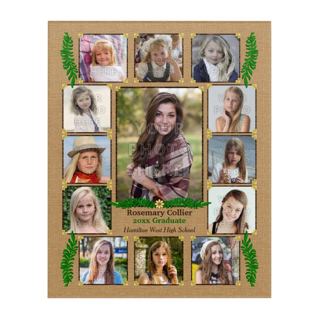 High School Graduation Photo Collage | Burlap Fern Acrylic Print (Front)
