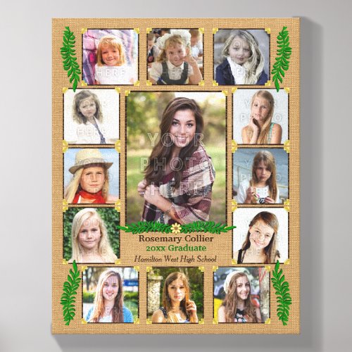 High School Graduation Photo Collage  Burlap Fern Canvas Photo Tile