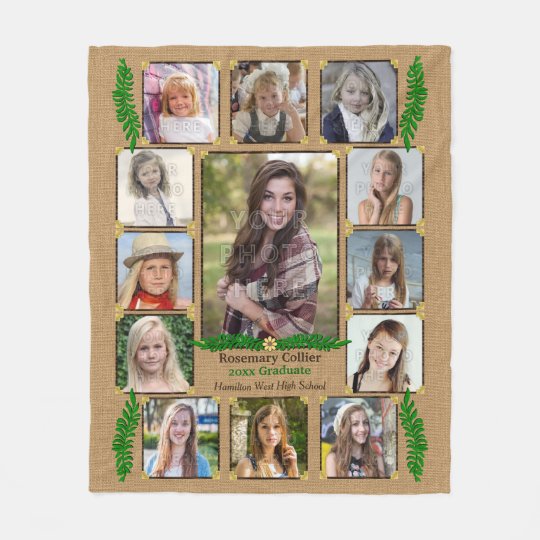 High School Graduation Photo Collage Burlap Fern Fleece Blanket