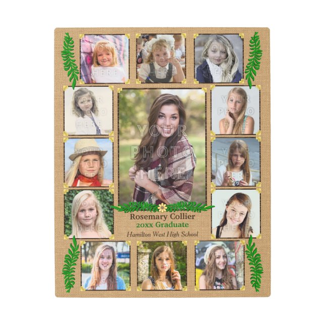 High School Graduation Photo Collage | Burlap Fern Metal Print (Front)